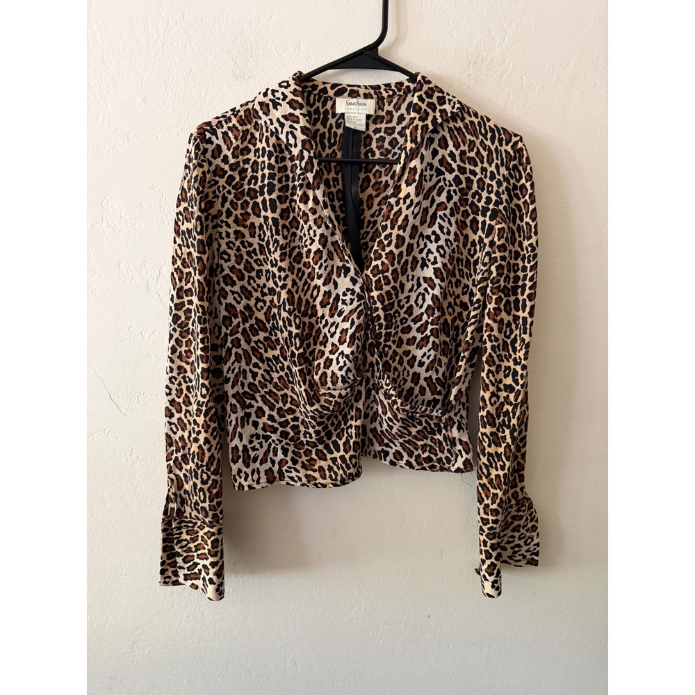 Neiman Marcus Exclusive Leopard Print 100% Silk Wrap Blouse Brown Tan Size 6